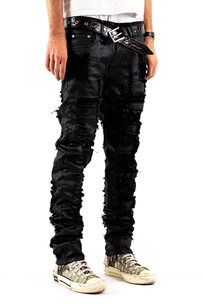 WAXED DISTRESSED DENIM BLACK
