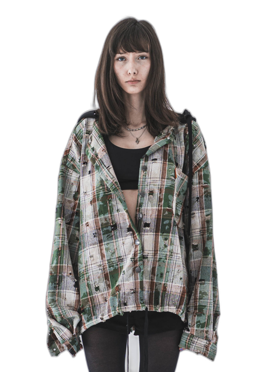 GREEN HOODED FLANEL SHIRT